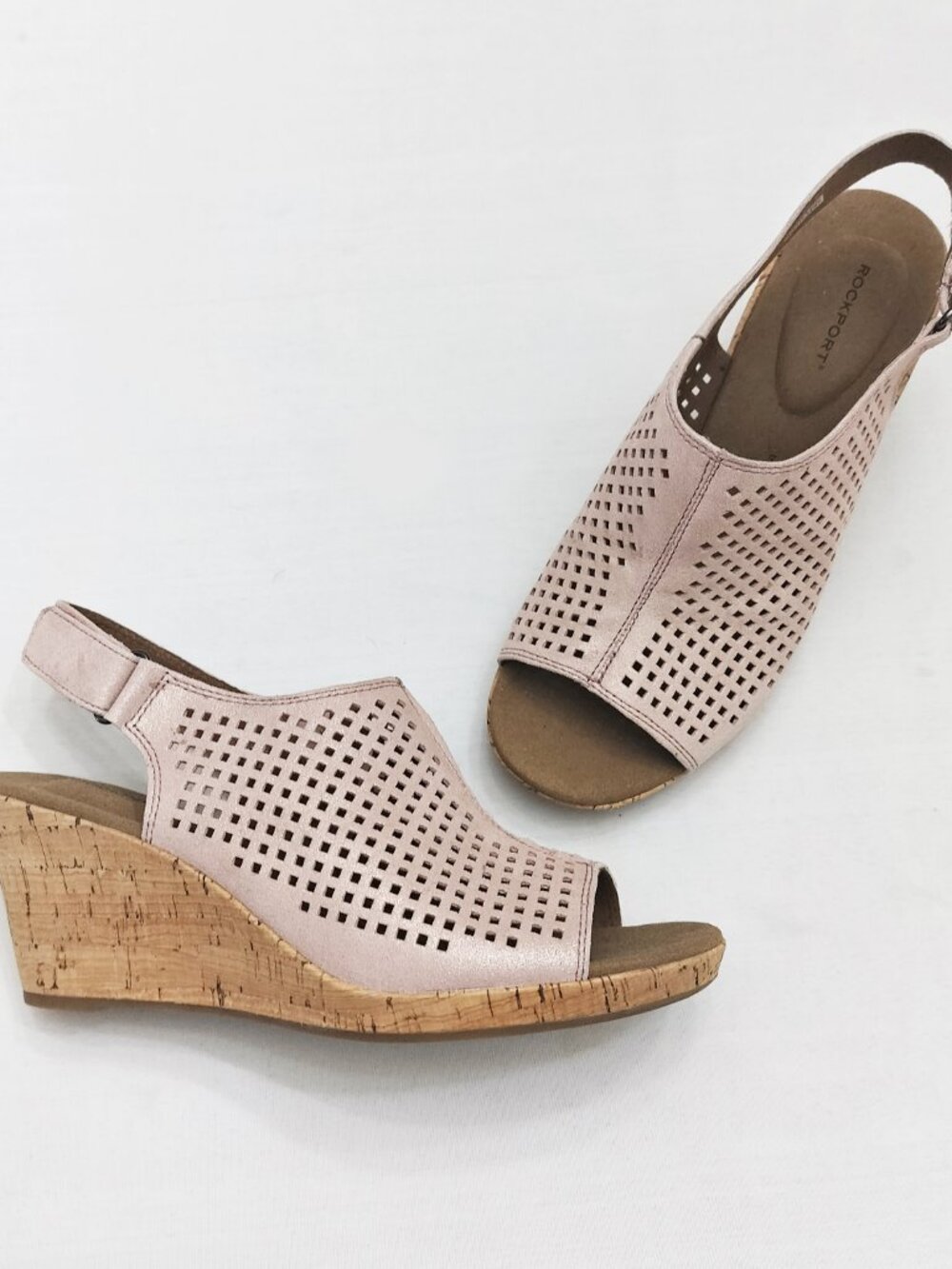 ROCKPORT Briah Perforated Slingback Cork Wedge Leather Sandal Pink Shimmer 9 NEW